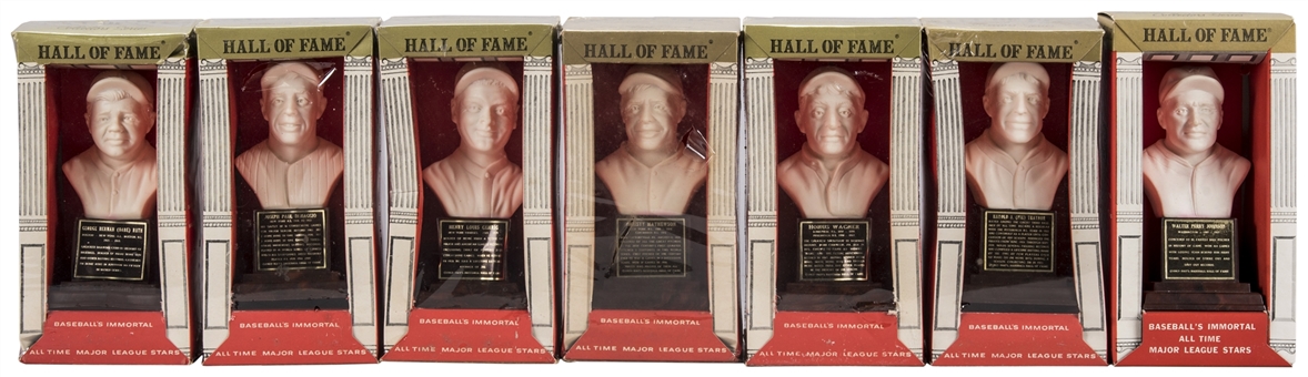 Lot of (7) 1963 Baseball Hall of Fame Bust Collection Featuring Ruth, DiMaggio, Gehrig, Mathewson & Wagner